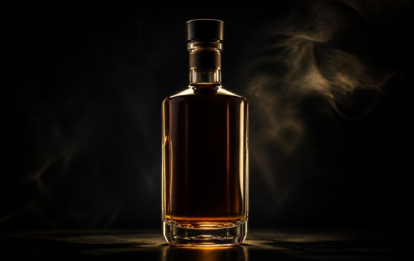A premium whisky bottle lit by warm gold light